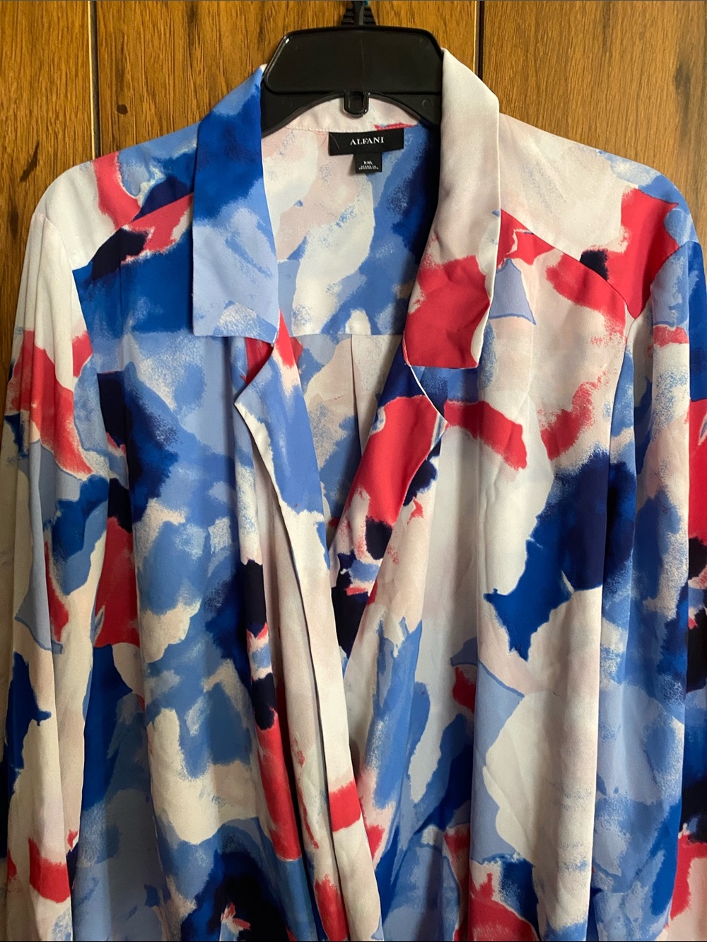 Alfani Abstract Red Blue and White Draped Blouse - Picture 3 of 4